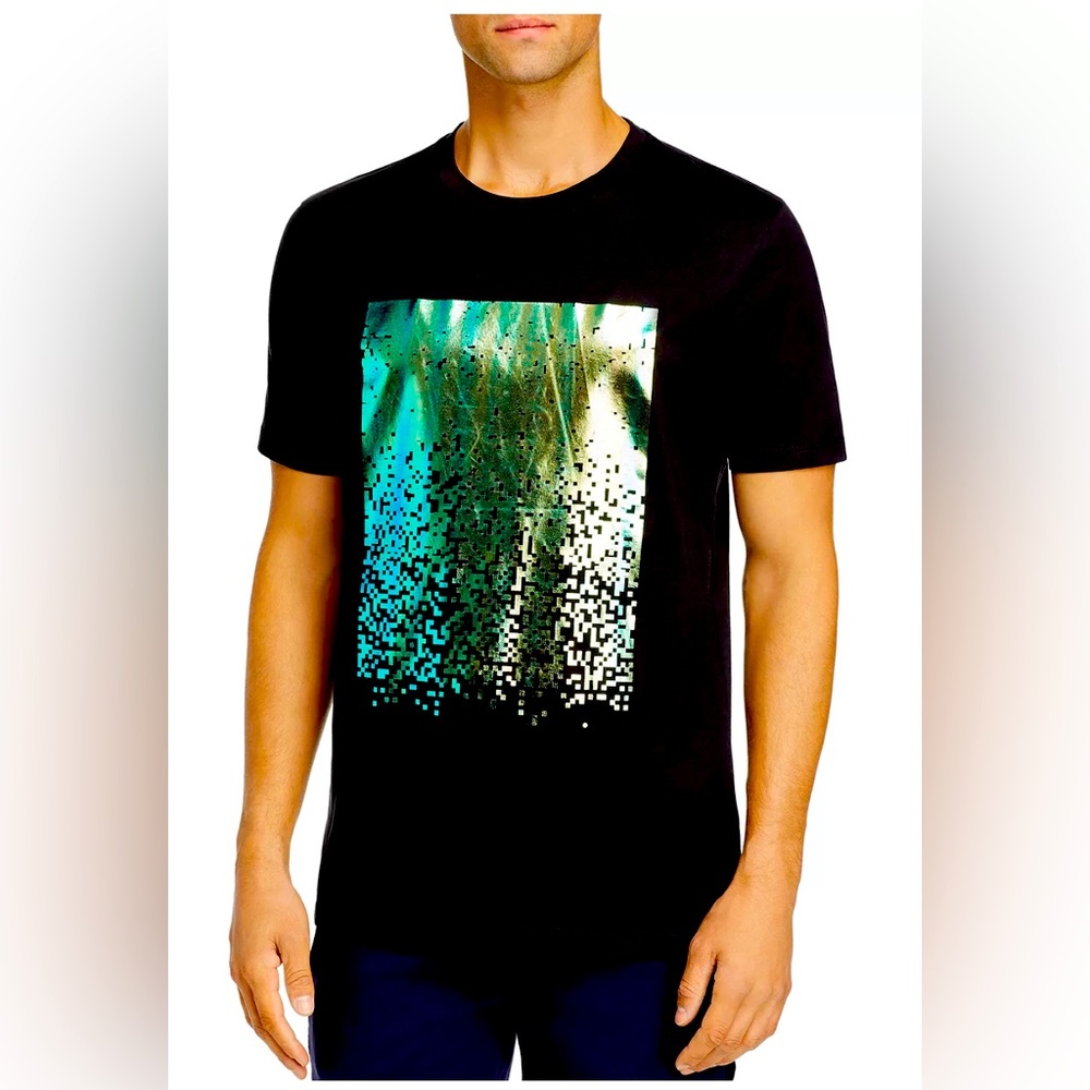 Men’s Hugo Dazzle Iridescent Graphic Tee, Black & Metalic Green Print, size S